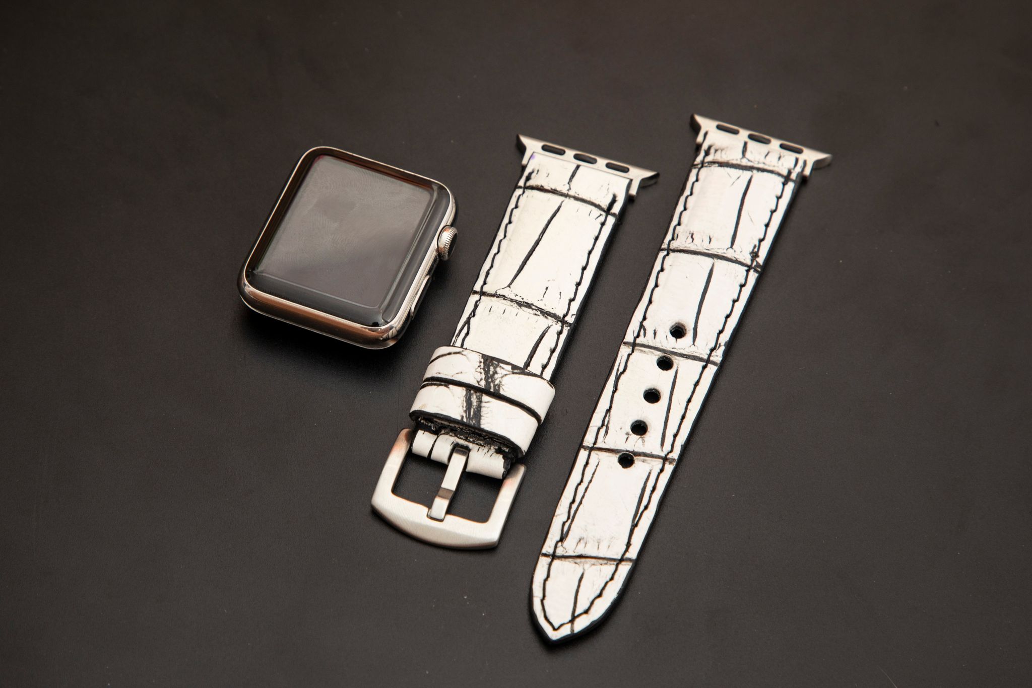 WHITE&BLACK CROCODILE BELLY LEATHER STRAP