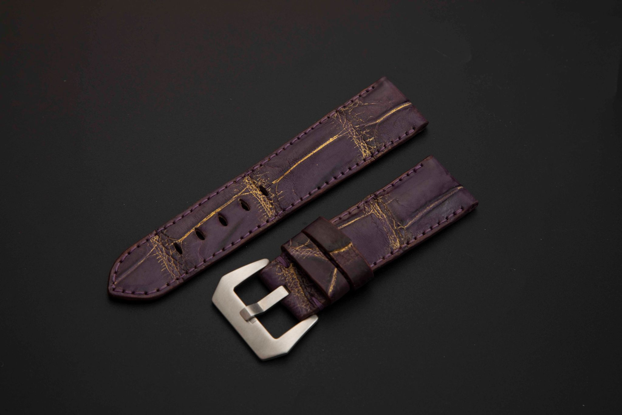 PURPLE&GOLD CROCODILE BELLY  LEATHER STRAP